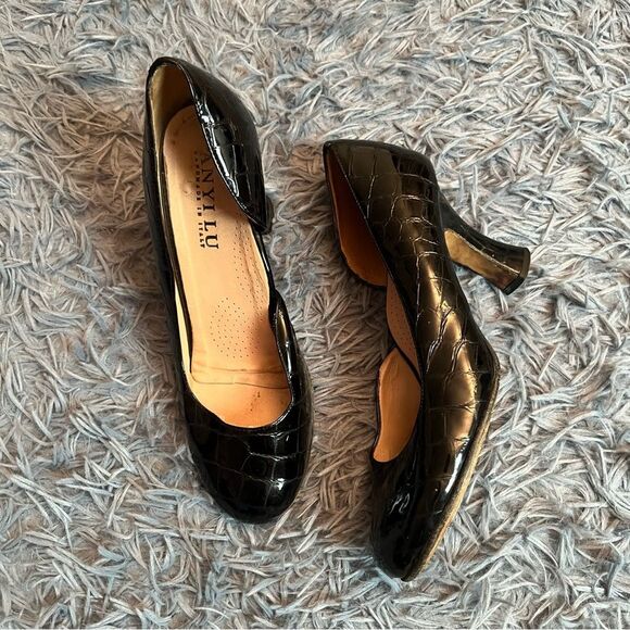 Anyi Lu Black Leather Croc Embossed D'orsay Pump Heels Size 8.5 / EU 39 - Picture 1 of 6